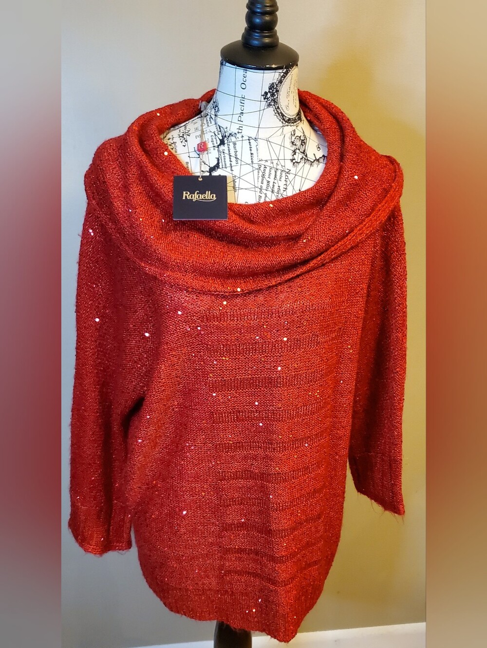Rafaella Women 2X Red Sequin Cowl Neck Sweater Sparkle Holiday Christmas NWT